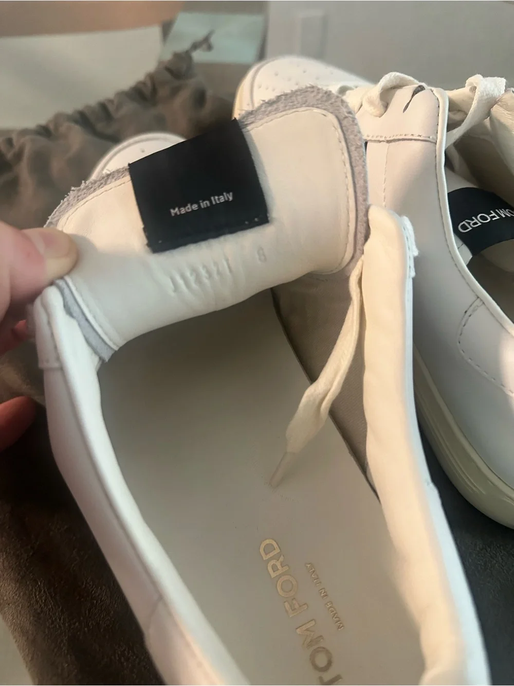 Tom Ford White Leather Sneakers with Black Side Stripes